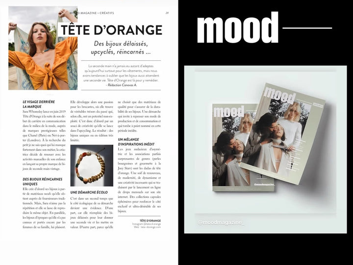 Page presse tête d'orange bijoux upcyclés dans le magazine MOOD
