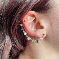 La monoboucle upcyclée portée. On voit qu'elle s'accrochee sur le haut de l'oreille avec une bague d'oreille réglable plaquée or.