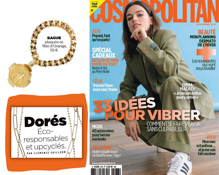 Page presse tête d'orange bijoux upcyclés dans le magazine Cosmopolitan