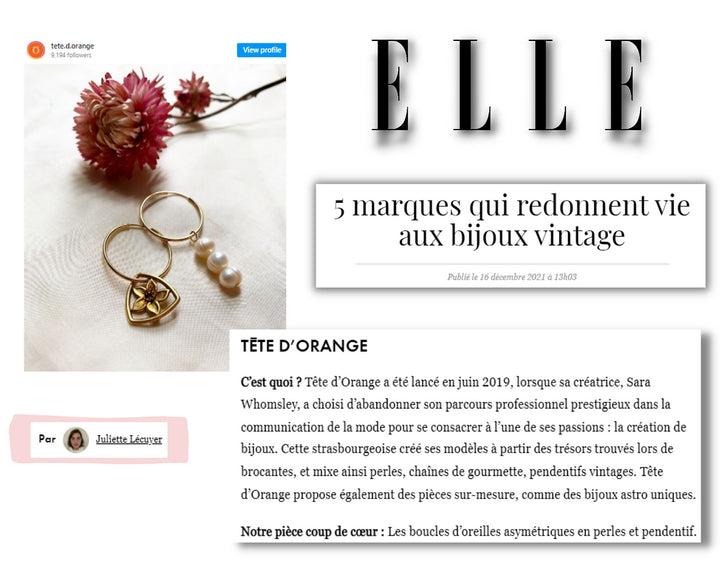 Page presse tête d'orange bijoux upcyclés dans le magazine ELLE 