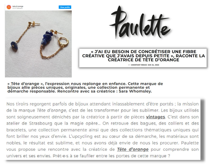 Page presse tête d'orange bijoux upcyclés dans le magazine Paulette pour une interview 