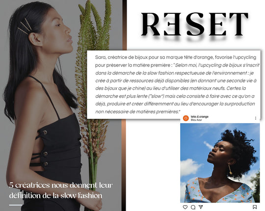 Page presse tête d'orange bijoux upcyclés dans le magazine Reset