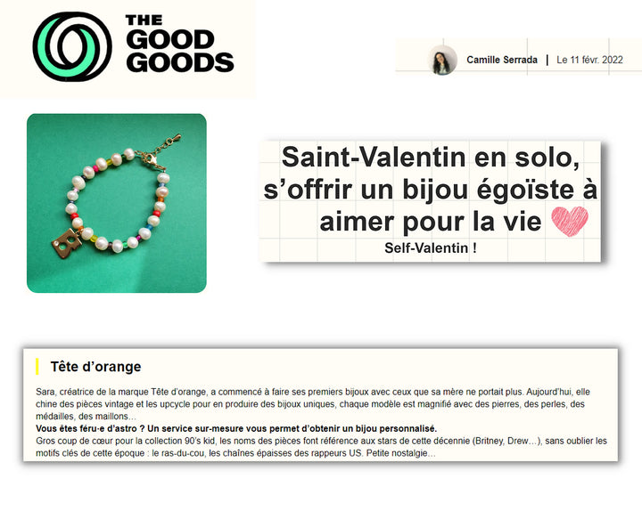 Page presse tête d'orange bijoux upcyclés dans le magazine The good goods pour la Saint Valentin