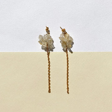 Boucles d'oreilles upcyclées ornées d'une chaîne et de citrines posées sur un fond clair bicolore.