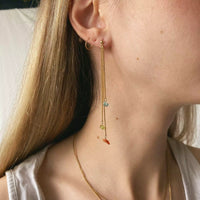Boucles d'oreilles pendantes upcyclées Tête d'orange en chaîne plaqué or et pierres semi-précieuses. 