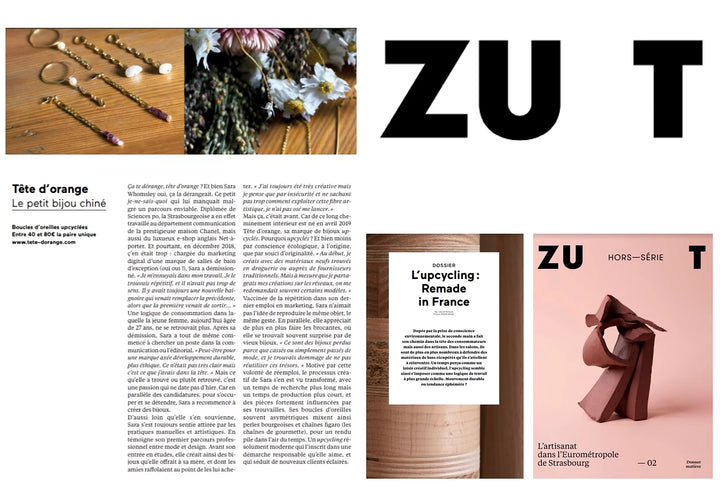 Page presse tête d'orange bijoux upcyclés dans le magazine ZUT