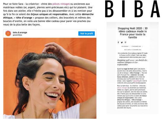 Page presse tête d'orange bijoux upcyclés dans le magazine BIBA