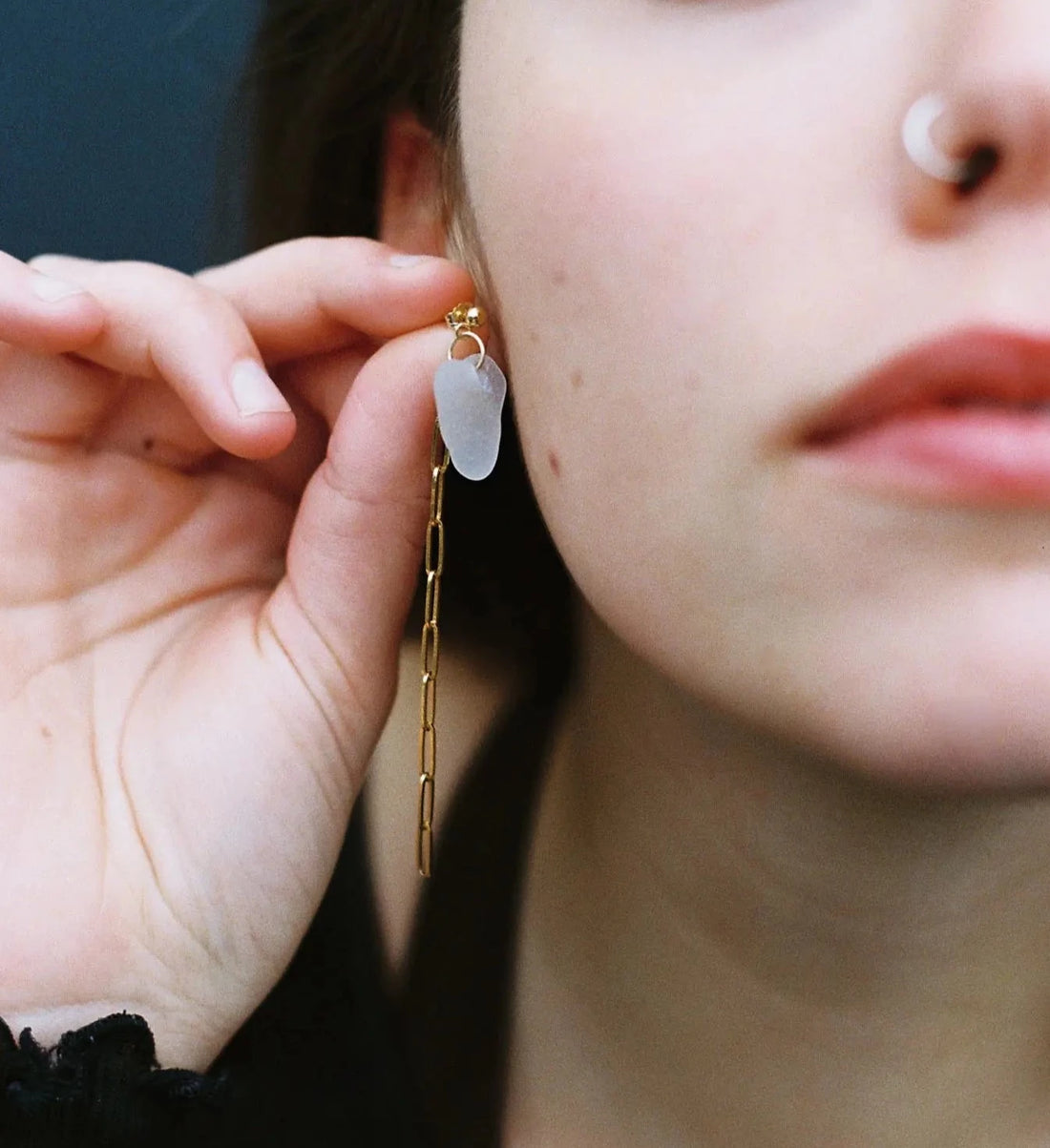 Upcycled polished glass and chain earrings 