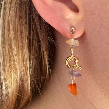 La modèle porte sur son oreille la première boucle. Elle est très colorée. Il y a, de bas en haut, une cornaline, une améthyste, un fermoir décoratif plaqué or, et une cornaline pâle en haut.