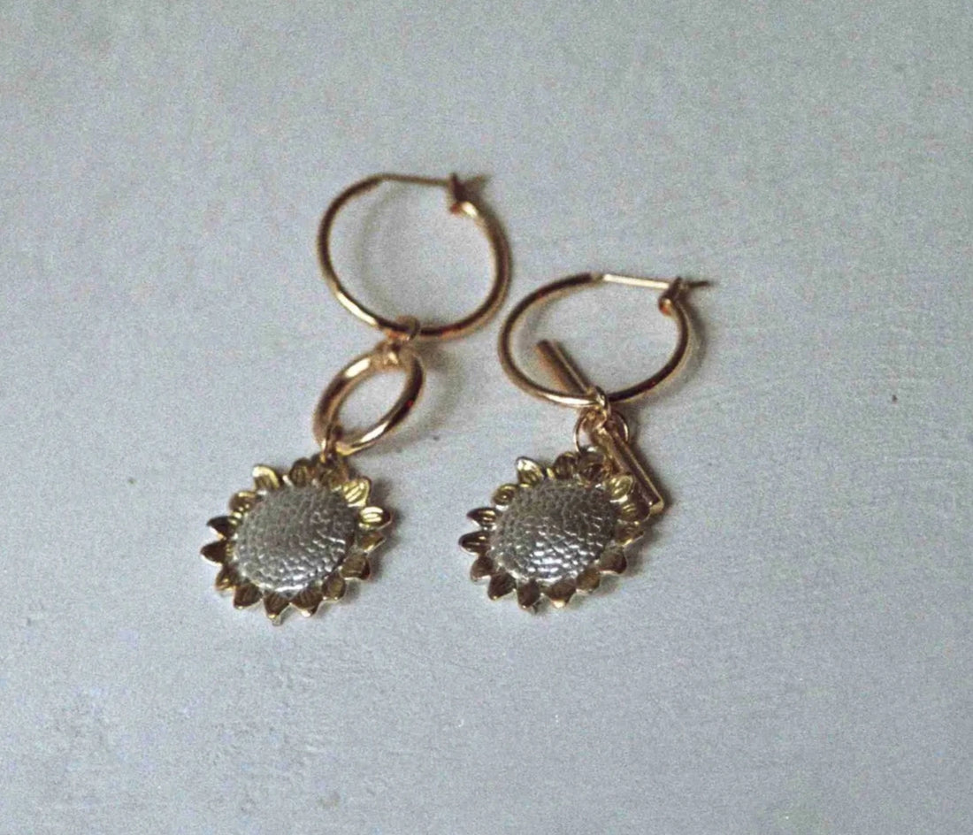 boucles d'oreilles composées de créoles plaquées or  et de pendentifs motifs fleuris