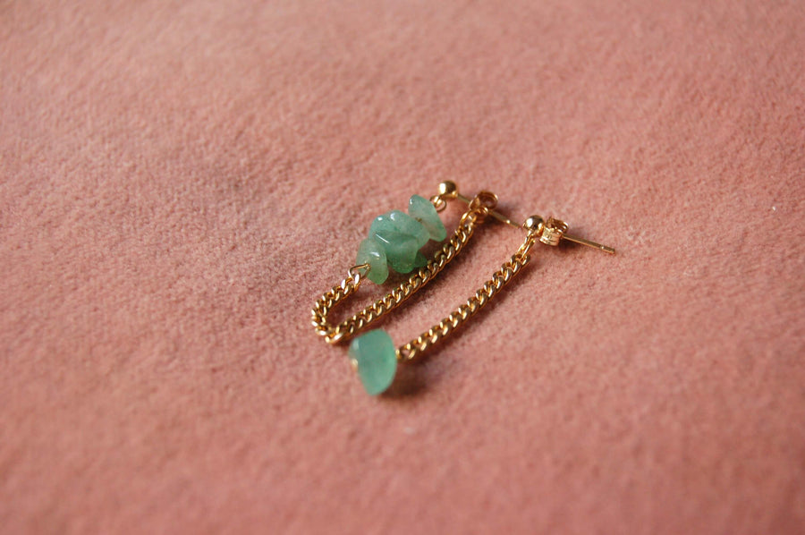 Boucles d'oreilles upcyclées ornées de quartz  verts posées sur un tissu rose.