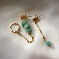 Boucles d'oreilles upcyclées ornées de quartz  verts posées sur un tissu clair. 